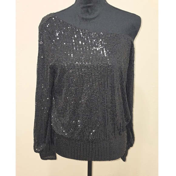 White Mark Tops - Black Sequined One Shoulder Long Sleeve Top Evening Party Blouse